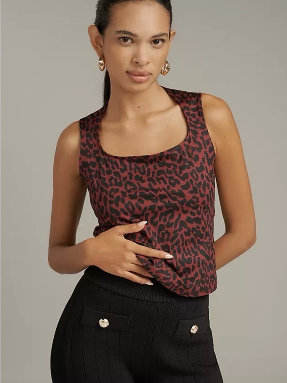 Maeve Cap Sleeve Cut In Knit Top in Wine Leopard Print - Large